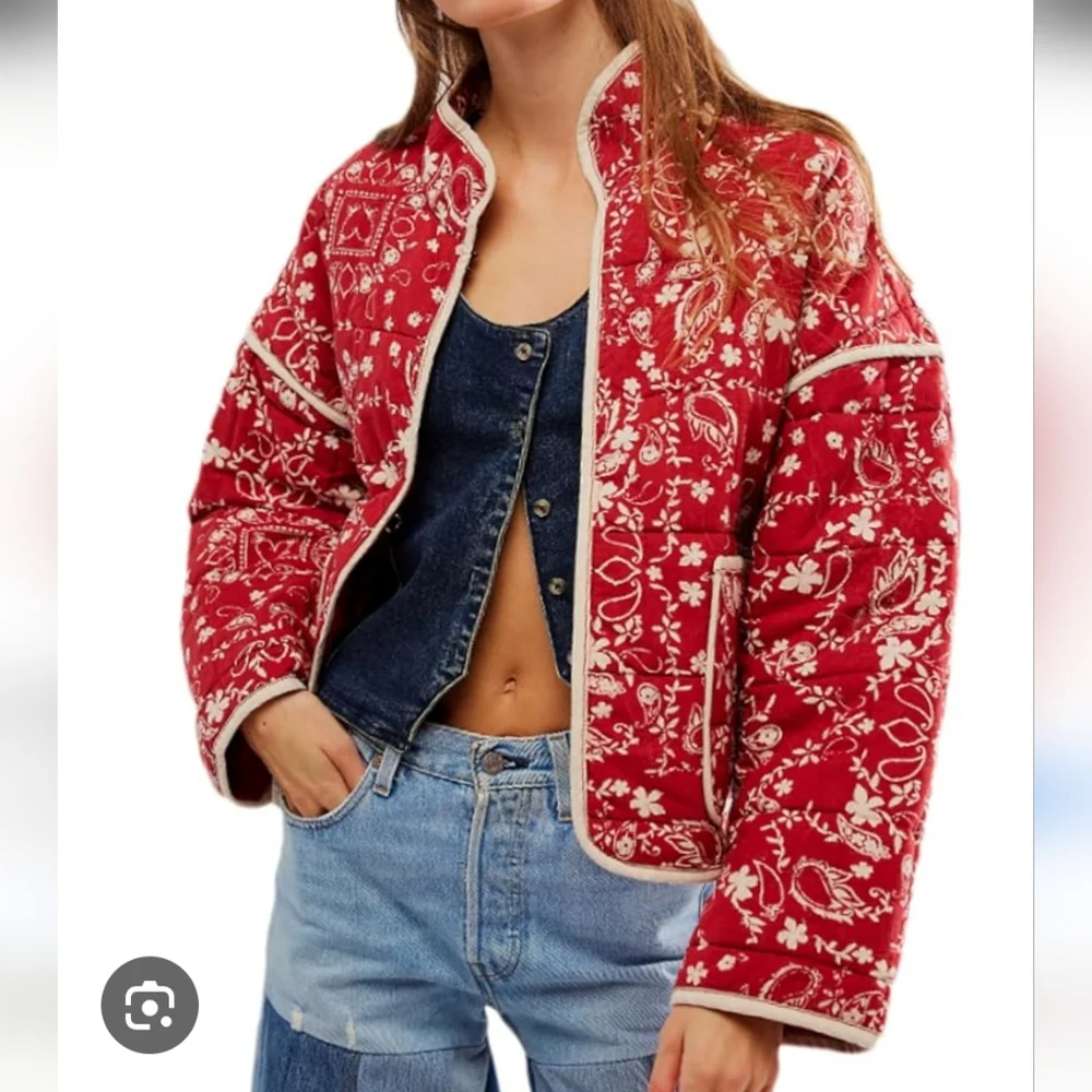 Free People Red and White Bomber Jacket - Picture 1 of 10